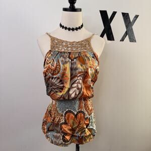 Silk Floral Paisley Crochet Beaded Tunic Sleeveless Top Luxe Indie Boho M